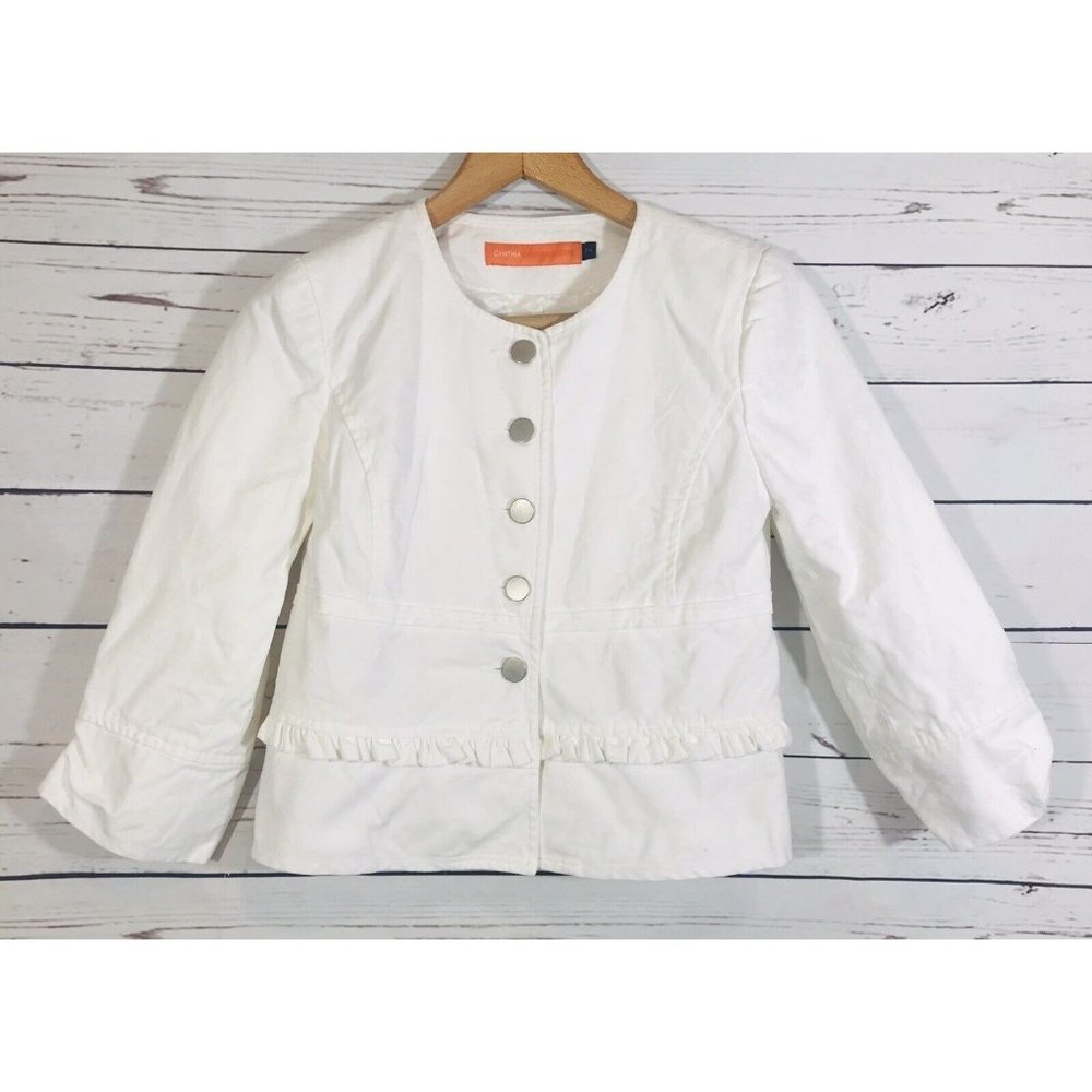 Cynthia Steffe Womens Jacket Sz 2 White Ruffles Coat Fully Lined Button Front